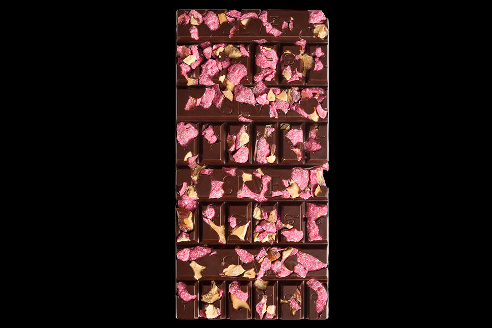 Chocolat noir et pralines - Tablette topping aux pralines rouges concassées, 76 % de cacao