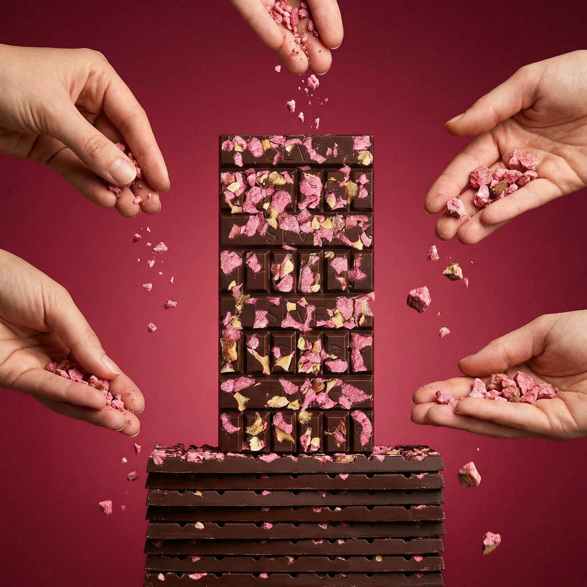 Chocolat noir et pralines - Tablette topping aux pralines rouges concassées, 76 % de cacao Sève