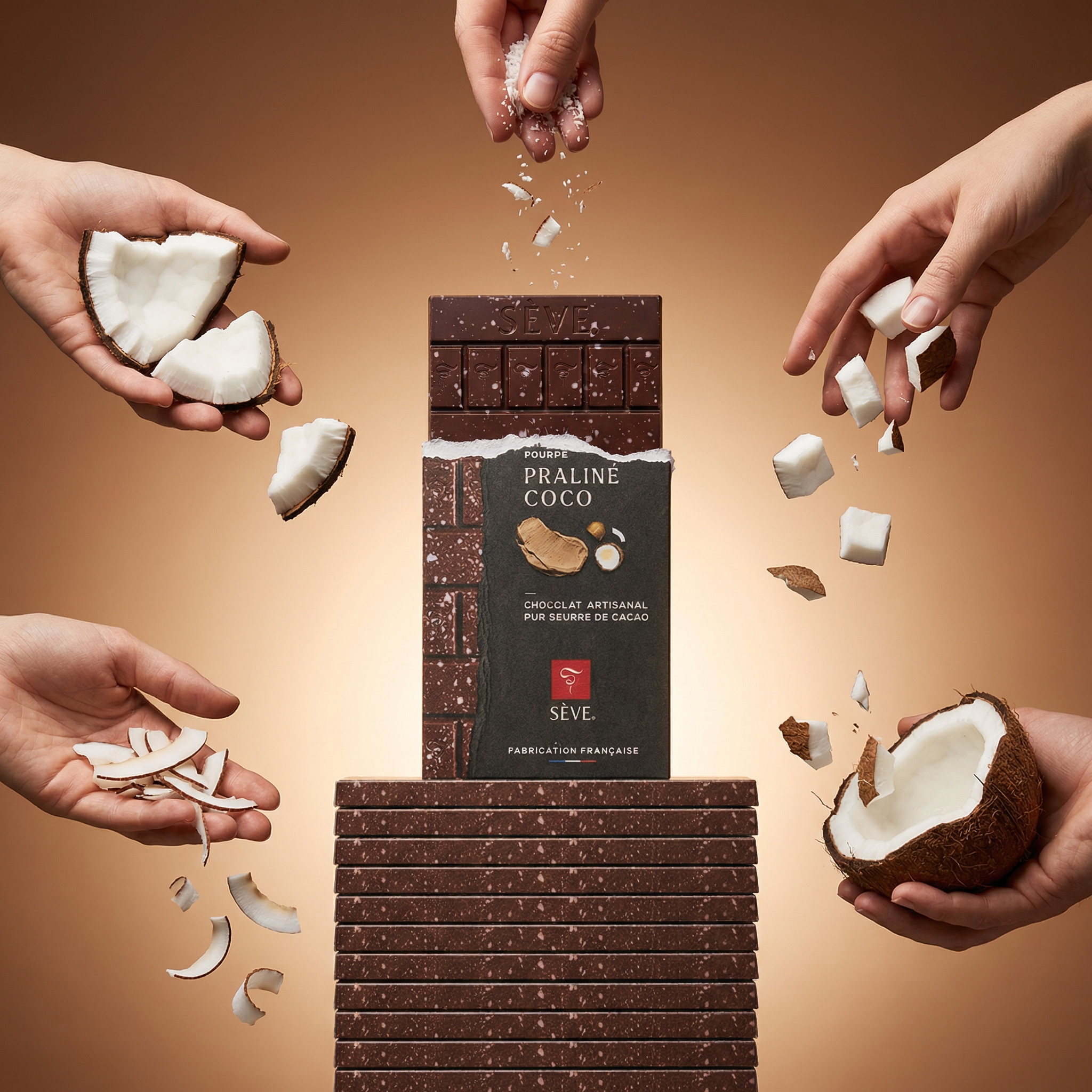 Tablette de chocolat noir fourrée au Praliné Coco Sève